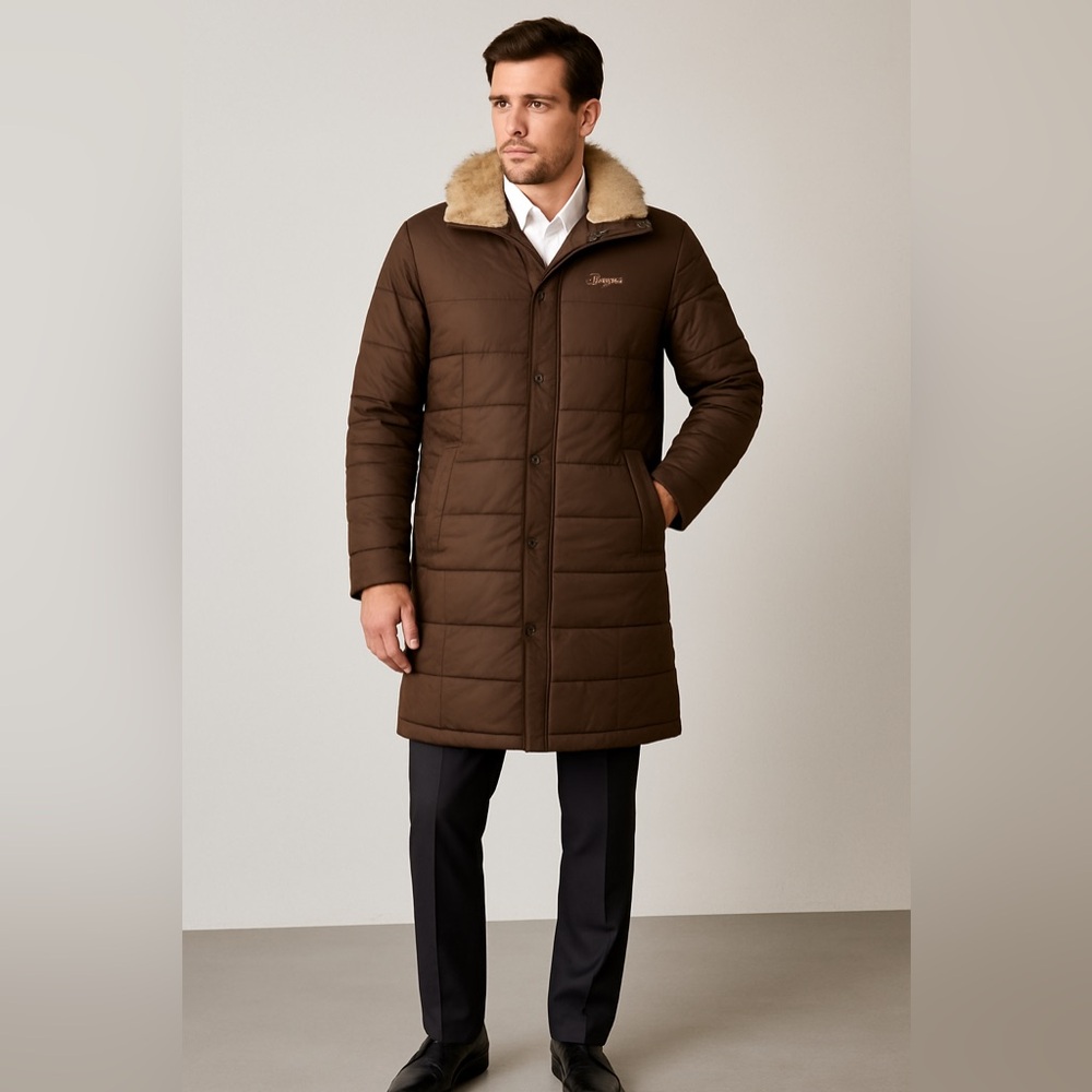 Pepe Jeans London Men’s Brown Long Down Coat Jacket S Real Coyote Fur - Picture 1 of 13